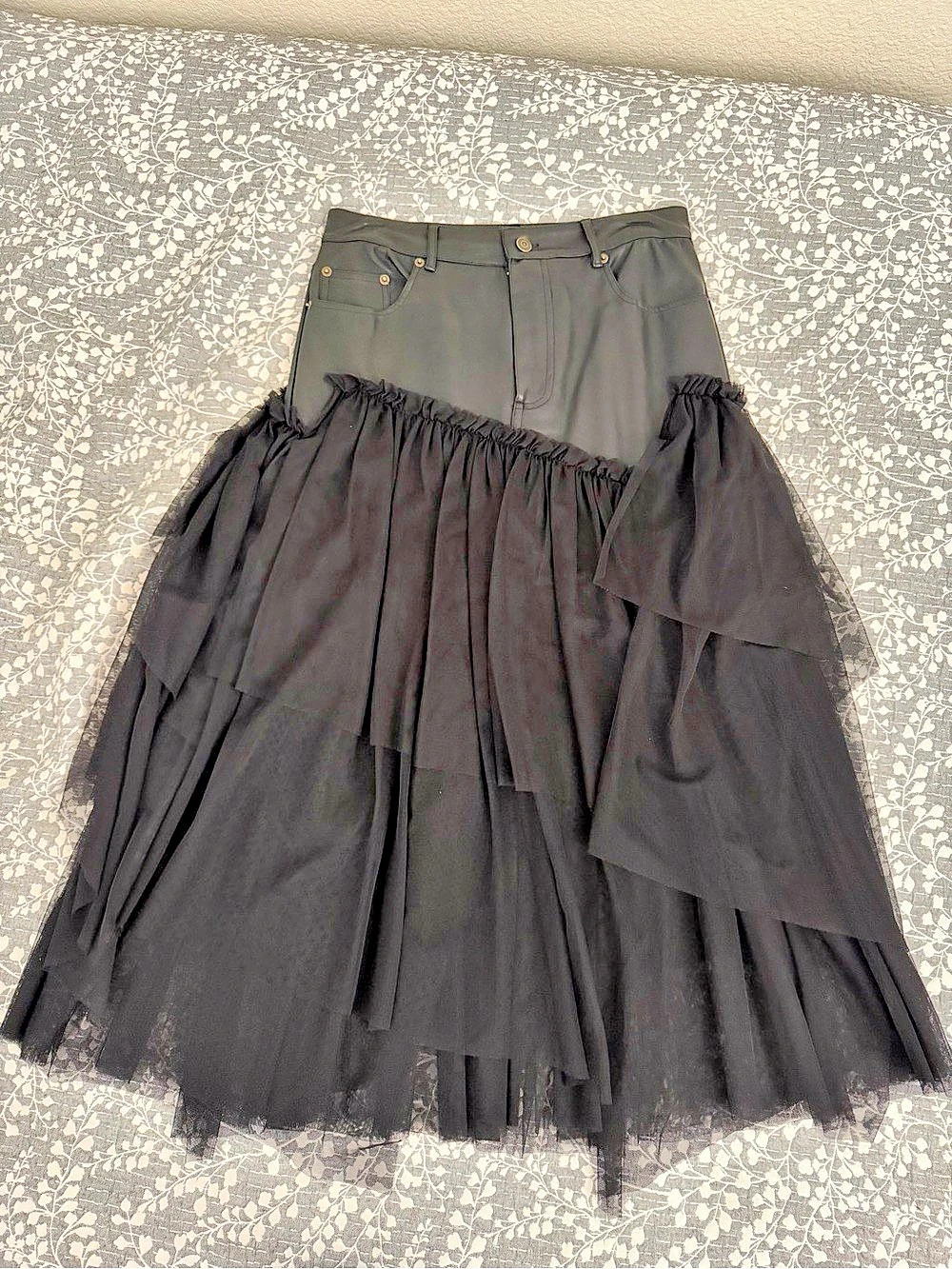 Free People Like New Black Layered Faux Leather and Tulle Maxi Skirt US 8